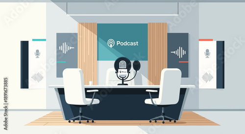 A flat design illustration of a professional, aesthetic indoor podcast studio, subtly integrating a clean, minimalist podcast logo for branding