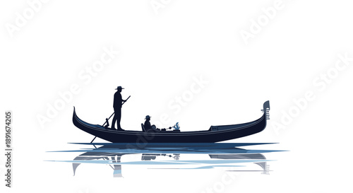 Silhouette of a traditional Venetian gondola with a gondolier and passenger, peacefully gliding on water with a reflection.