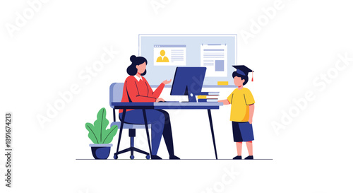 Teacher or registrar at a desk helping a young student in a graduation cap with school admission or online education.