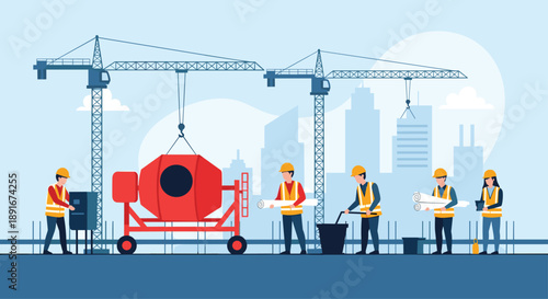 Construction site with a team of builders, engineers, and cranes working on a new building project in a modern cityscape.