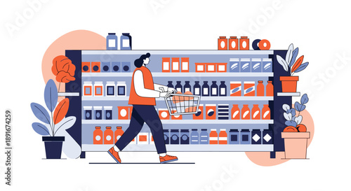 Young woman shopping for groceries in a supermarket aisle, holding a basket and choosing products from the shelves.
