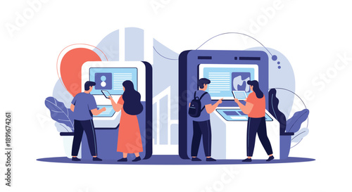 People using modern interactive self-service kiosks with touch screens for information, ordering, or payment transactions.