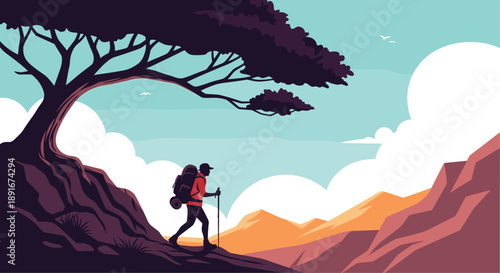 Hiker with a backpack and trekking poles exploring a mountain trail, enjoying the scenic landscape and outdoor adventure.