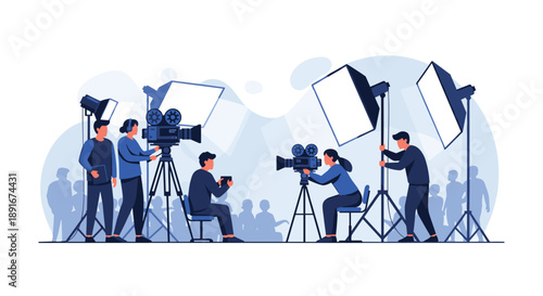 A professional film crew on a movie set with cameras, lighting equipment, and actors, illustrating the filmmaking process.