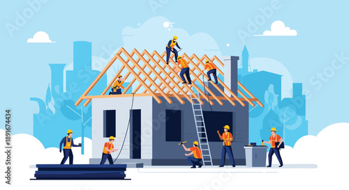 A team of construction workers building a new house, with some on the roof frame and others working on the ground level.