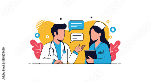 A male doctor and a female nurse engaged in a professional discussion, representing medical teamwork and communication.