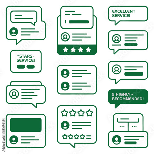 Customer feedback and review icon set with text and stars