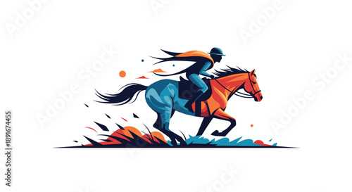 A jockey riding a racing horse at full speed, captured in a colorful and abstract, dynamic illustration style.