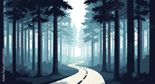 A winding road disappearing into a mysterious, foggy forest with tall, dark pine trees creating a moody atmosphere.