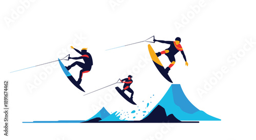 A set of wakeboarders in dynamic action poses, performing jumps and tricks on the water for an extreme summer sport.