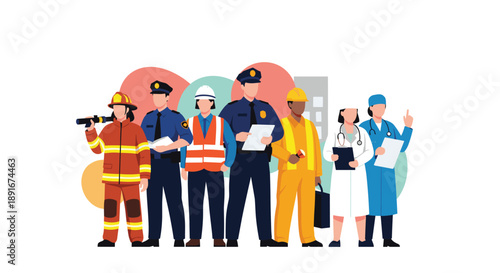 A group of essential workers from different professions, including a firefighter, police officer, construction worker, and doctor.