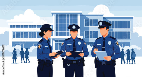 Three police officers, one female and two male, on duty and discussing a case file outside of a modern school building.