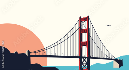 A stylized illustration of the iconic Golden Gate Bridge in San Francisco during a beautiful, calm sunset or sunrise.
