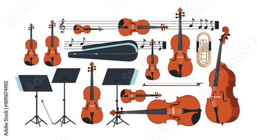 A large collection of string instruments for a classical orchestra, including violins, cellos, a double bass, and a tuba.