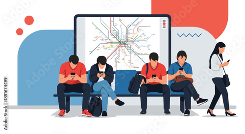 People waiting at a bus or subway station, all absorbed in their smartphones, with a transportation map in the background.