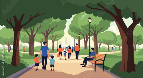 People enjoying a sunny day in a beautiful city park, with families walking, lush green trees, and a city skyline background.