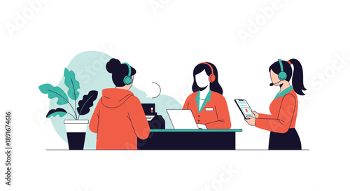 Female customer service agents with headsets working at a call center, providing support to a client at the help desk.