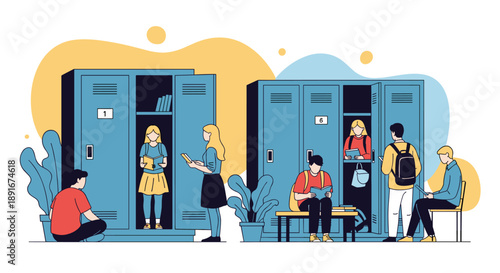 Group of high school or university students talking, reading, and using devices by their lockers in a school hallway scene.