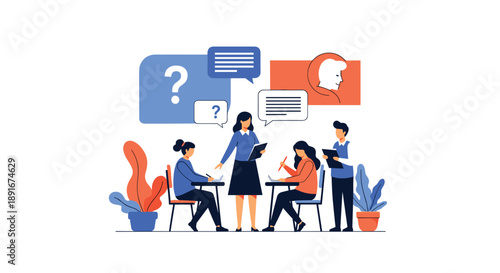 Teacher or instructor conducting a workshop or class for a group of students who are actively taking notes and asking questions.