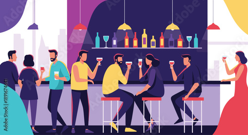 Group of friends socializing and drinking wine at a crowded bar, enjoying a night out together in a modern pub or restaurant.