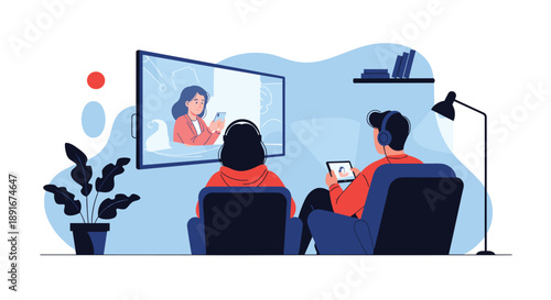Young couple wearing headphones and relaxing at home, watching a movie or show together on a large smart television screen.