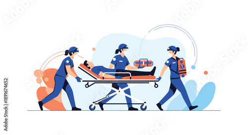 Team of three emergency medical service paramedics in uniform rushing an injured patient on a stretcher to the hospital.