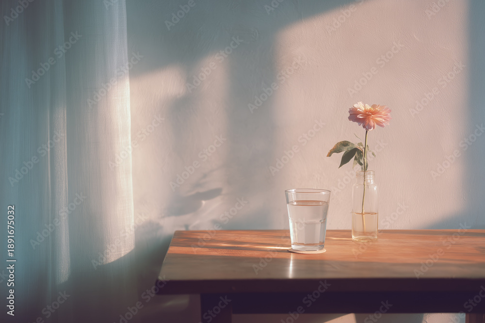 Naklejka premium Minimalistic interior with a simple wooden table, a glass of water and a flower in a vase.