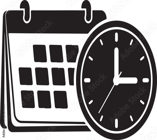 A minimalist black and white graphic depicts a calendar with visible date squares alongside a circular clock symbolizing scheduling time management and appointments high-quality