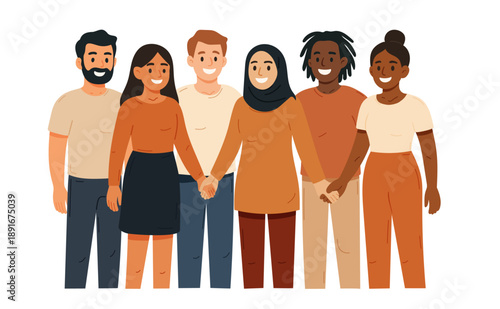 Flat illustration of a diverse group of young adults in modern clothing, representing unity, inclusivity, and individuality across cultures and styles
