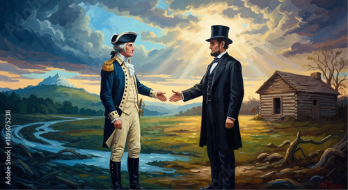 George washington and abraham lincoln shaking hands in a rural landscape with a log cabin