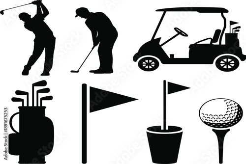 Black silhouette golf including golfers clubs cart flags and ball on tee white
