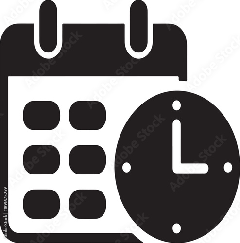 A minimalist black glyph depicting a calendar page alongside a circular clock face symbolizing scheduling time management and appointments high-quality professional detailed modern elegant