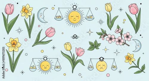 Whimsical illustration of flowers sun moon and scales on light blue background