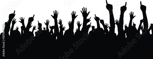 Silhouette of a cheering crowd with raised hands in excitement during a music concert festival public protest or communal celebration on a white background