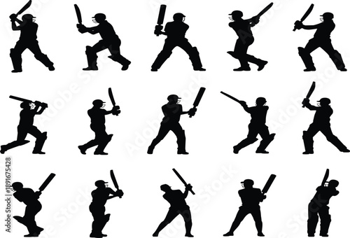 Collection of black silhouettes of cricket batsmen in various batting poses batsman 1
