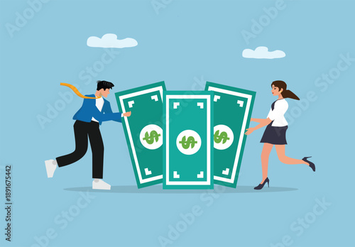 Financial Growth and Wealth Pursuit Concept with Business Person Pushing Giant Dollar Bills and Gold Coins Representing Success, Investment, and Economic Motivation