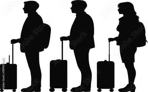 Three black silhouettes of people with luggage standing in a line suitcase travel 1