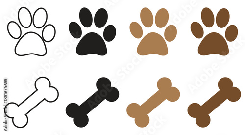 Diverse collection of dog paw print and bone icons in various styles and colors