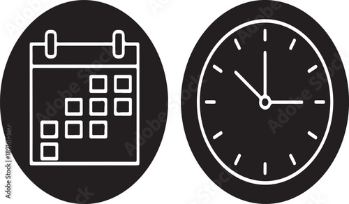A minimalist graphic depicts a black calendar icon alongside a black clock icon both enclosed in circular frames symbolizing time and scheduling high-quality professional