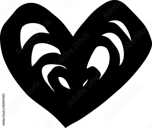 Heart grunge vector love design, dark abstract heart shape with evil eye expression, bold graphic icon for edgy romance art and tattoo style