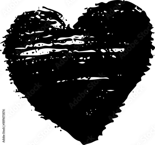 Grunge heart vector love symbol with rough texture and distressed shape expressing romance passion emotion in bold dark graphic style