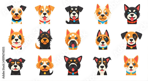 Title: Set of Diverse Dog Breed Icons in Flat Vector Illustration Style