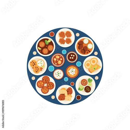 Top-down view of a variety of delicious traditional Indian or Middle Eastern dishes and appetizers arranged in a circle.