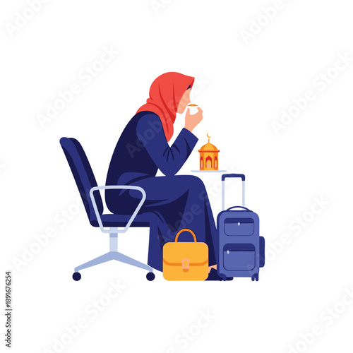 A modern Muslim woman wearing a hijab sits with her luggage and a small bag, enjoying a drink while waiting for her travel.