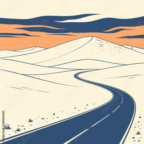 Winding road through desert landscape
