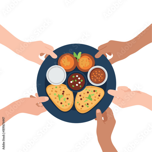 A top-down view of a large platter of food being shared by multiple diverse hands, symbolizing community and togetherness.