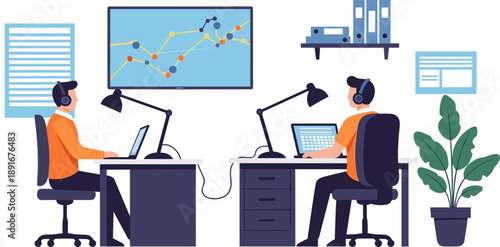 Office teamwork, data analysis, headset communication, dual laptop setup, line graph screen, collaborative workspace, modern office, productivity scene, tech environment, business support