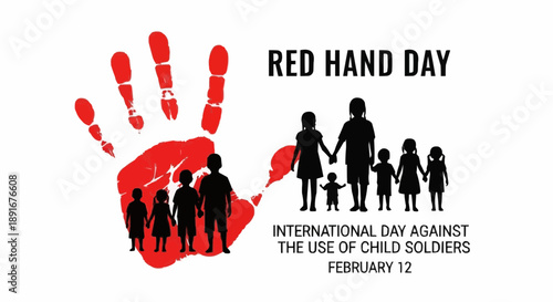 Red hand day campaign poster with silhouettes of children and adults holding hands under bold text