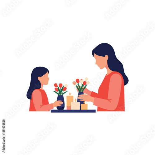 A mother and her young daughter spend quality time together, arranging beautiful red and white tulips in vases with candles.