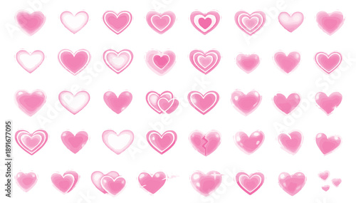 Pink watercolor heart collection with glossy textures and shiny sparkling elements for romantic Valentine's Day designs